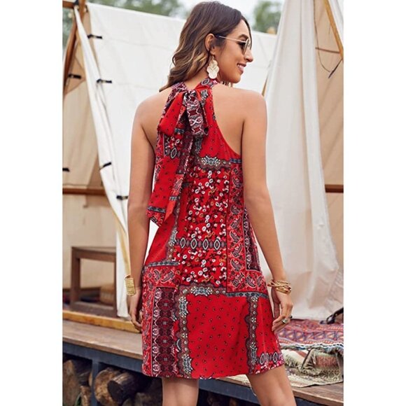 Boho Red Paisley Printed Chiffon A-Line Halter Sleeveless Mini Shift Dress - Picture 4 of 7